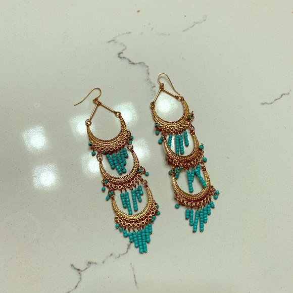 Long gold and turquoise statement earrings. - Picture 1 of 3
